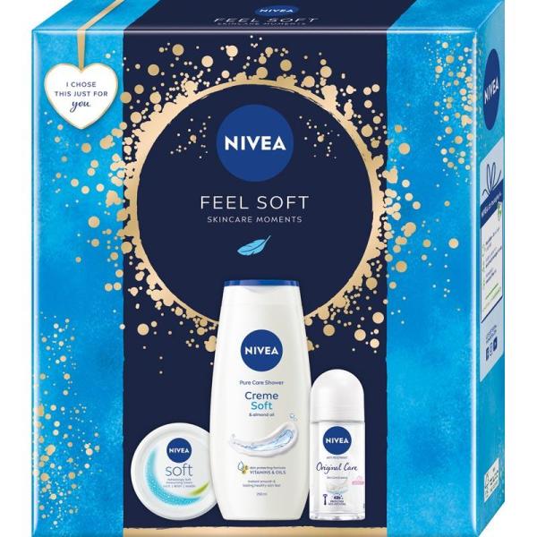 Nivea Zestaw Feel Soft krem nawilżający + roll-on + żel pod prysznic