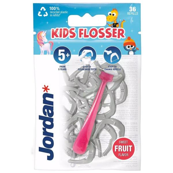 Jordan Flosser Kids nić dentystyczna dla dzieci z wymiennymi końcówkami 36szt 