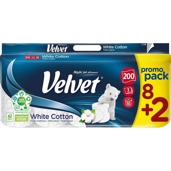 Velvet papier toaletowy trzywarstwowy 8+2 rolki White Cotton 