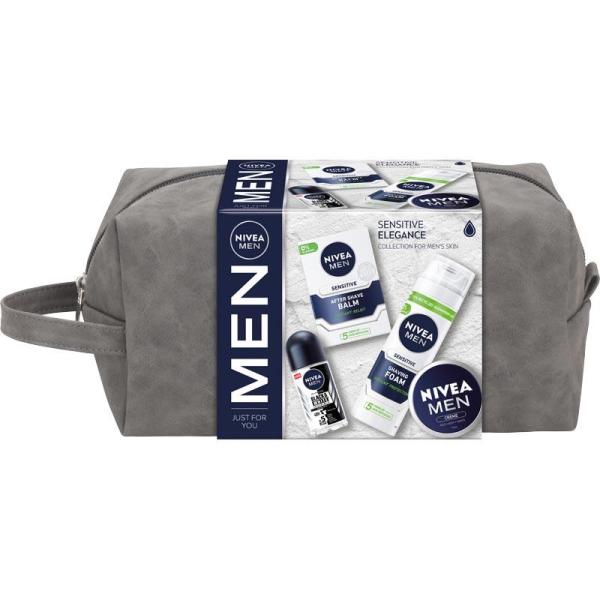 Nivea MEN zestaw Sensitive Elegance (krem uniwersalny + roll-on + pianka do golenia + balsam po goleniu + kosmetyczka) 