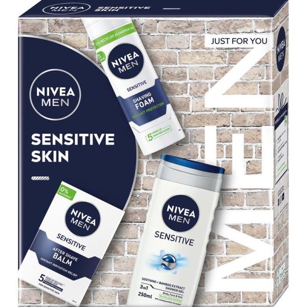 Nivea MEN zestaw Sensitive Skin żel pod prysznic+pianka do golenia+balsam po goleniu