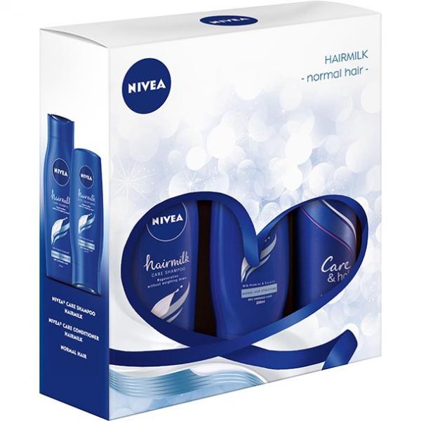 Nivea Zestaw Hairmilk szampon do włosów + odżywka do włosów + lakier do włosów