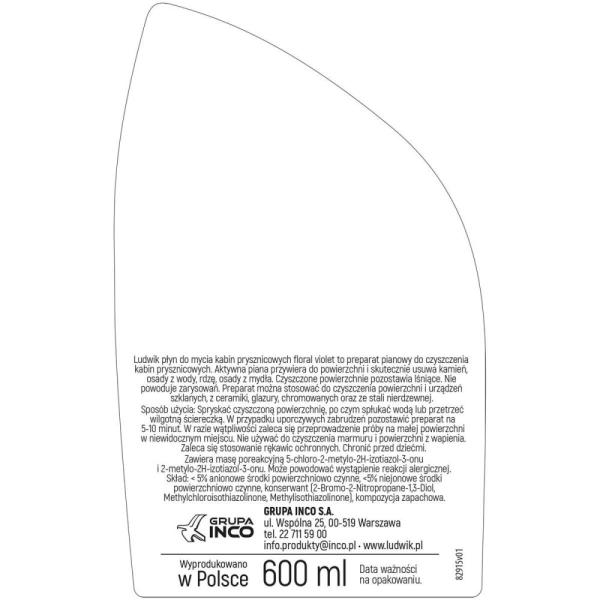 Ludwik płyn do mycia kabin prysznicowych 600ml