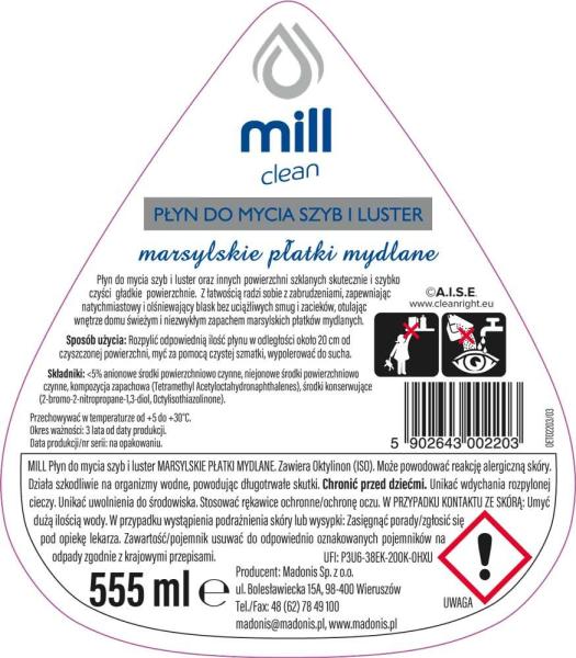 Mill Clean płyn do mycia szyb 555ml Marsylskie Płatki Mydlane