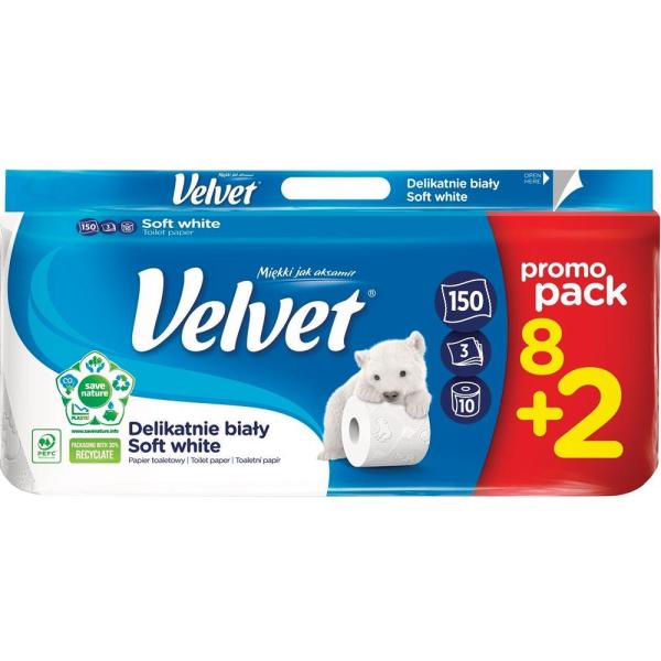 Velvet papier toaletowy trzywarstwowy 8+2 rolki 150 listków Delikatnie Biały 