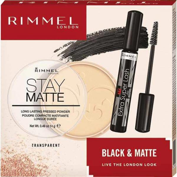Rimmel zestaw Black & Matte tusz do rzęs + puder prasowany
