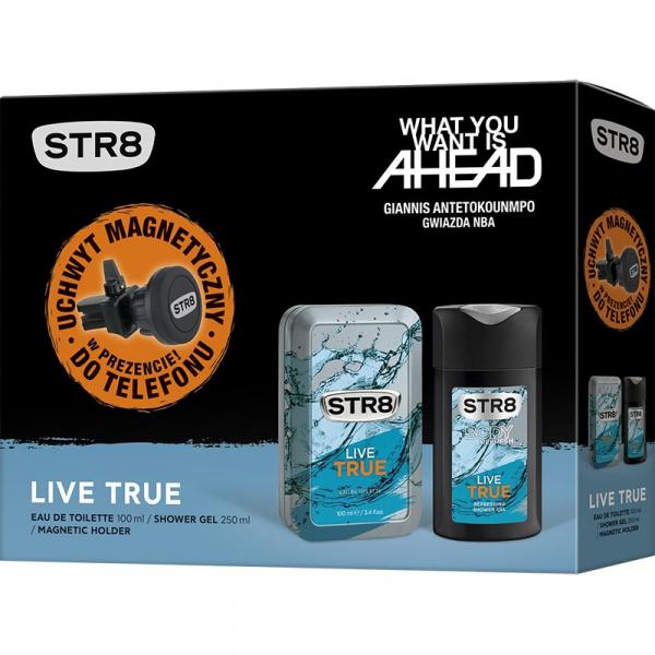 STR8 Zestaw Live True woda toaletowa 100ml + żel pod prysznic 250ml + uchwyt GSM