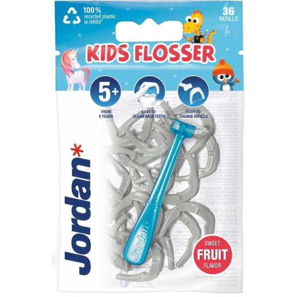 Jordan Flosser Kids nić dentystyczna dla dzieci z wymiennymi końcówkami 36szt 