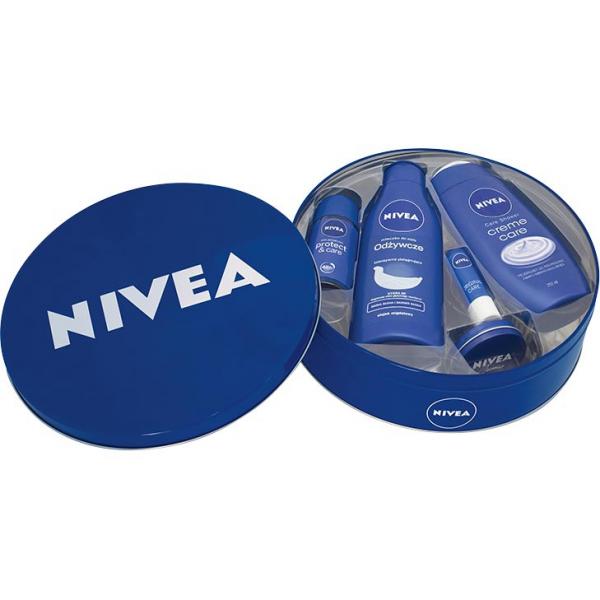 Nivea zestaw w puszce pomadka + żel pod prysznic + mleczko do ciała + krem uniwersalny + roll-on
