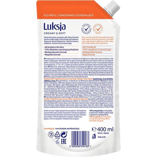 Luksja mydło w płynie Peach & White Tea 400ml zapas
